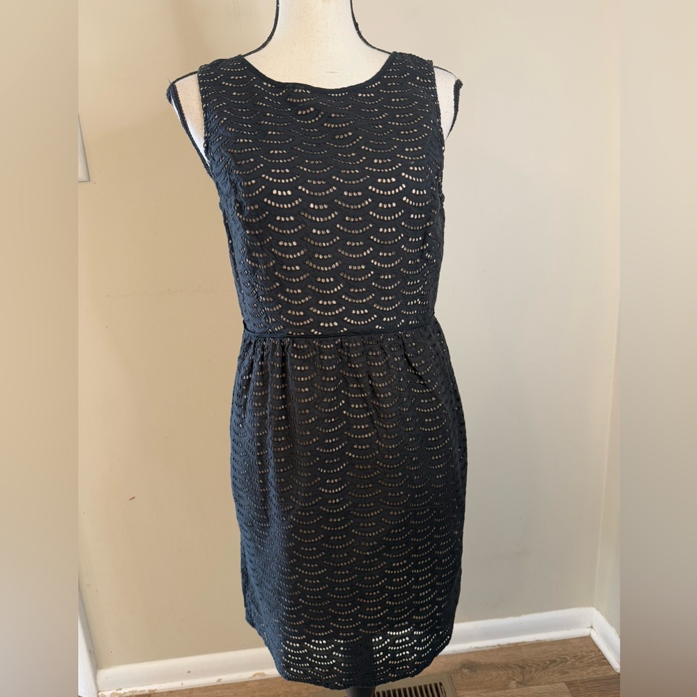 Loft black lace sleeveless midi dress pinkish cream lining SZ 8